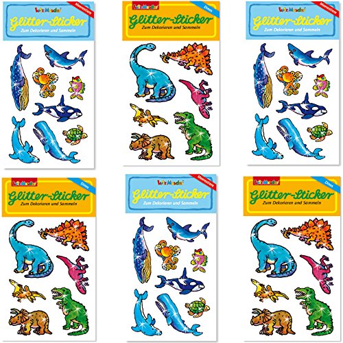 6-teiliges Glitter-Sticker-Set * MEERESTIERE und Dinosaurier * vom Mauder Verlag | Kinder Aufkleber Kindergeburtstag Geburtstag Mitgebsel Geschenk Glitzer Jungen Dinos Schildkröte Seepferdchen von Lutz Mauder