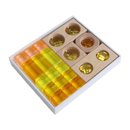 Luwecf 19 Stück Hochtransparente Regenbogen Bauwürfel mit Holzaufbewahrungskoffer, Regenbogen Acryl GEM Blöcke für Den Unterricht zu Hause, Gelb von Luwecf