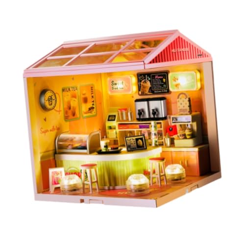 Luwecf Handgefertigtes Miniaturhaus Set zur Dekoration mit LED für Freunde, Milchteeladen von Luwecf
