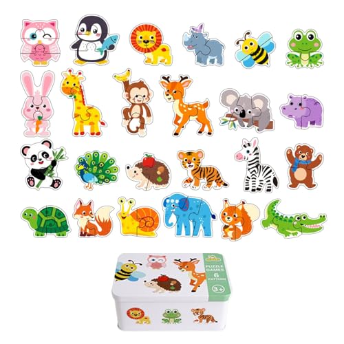 Luwecf Passende Cartoon-Puzzles für Jungen und Mädchen, frühes Lernen, tragbare, kompakte Bausteine, pädagogische Aktivität, Eisenbox, Waldtiere von Luwecf