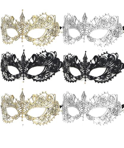 Luxdesc 6 Stück Erwachsene Maskerade Maske Mysterious Women Man Fun Lace Masken für Paare Spitze Kopfbedeckung Verkleidung für Kostüme, Silber, Gold, Schwarz, free von Luxdesc