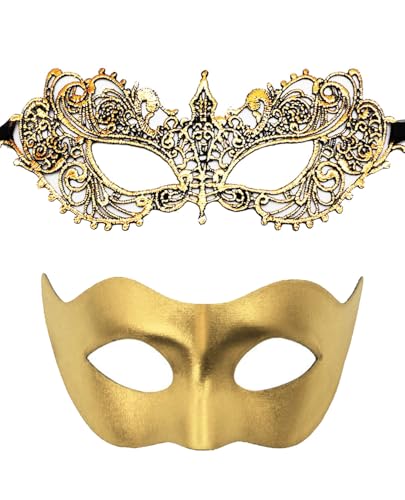 Luxdesc Paar Maskerade Spitze Maske Set, Fit für Frauen und Männer Venezianische Halloween Masken (Golden) von Luxdesc
