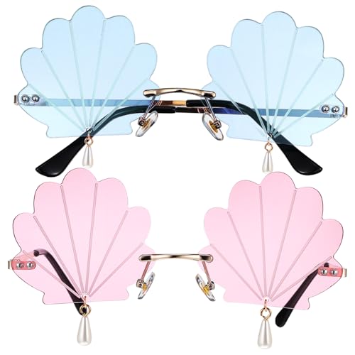Luxshiny 2 Stück Muschel Sonnenbrille für Damen Kreative Partybrillen Randlose Disco Sonnenbrillen Gold mit Hellblauen und Rosafarbenen Gläsern für Festivals und Feiern von Luxshiny