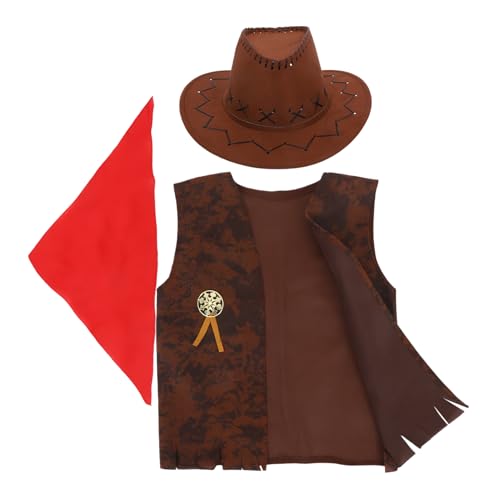 Luxshiny Cowboykostüm Für Kinder: 3-Teiliges Weste-Mütze-Bandana-Kostüm Für Cowgirl-Western-Party-Cosplay 130-140 L von Luxshiny