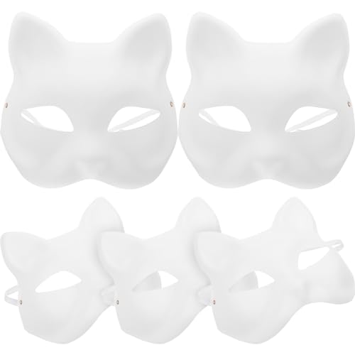 Luxshiny Therian-Maske Katzenmaske 5 Stück Weiße Fuchs-Katzenmasken Halbes Gesicht Tier-Anziehmaske Papier Unbemalte Blanko-Masken Diy-Halloween-Maske Für Maskerade Cosplay-Party von Luxshiny