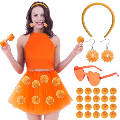 Luyuttn Tüllrock Orange Damen, Rock orange Karneval Kostüm Damen Rock mit Haarreif und Früchte Ohrringe, Herz Brille Aufkleber Sticker, für Halloween Party Festival Feier von Luyuttn