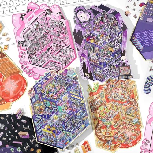 4 Sets Große Größe DIY Aufkleber Szene Buch für Kinder Erwachsene 3D Sticker Scene DIY 3D Haus Aufkleber Buch Miniatur Szene Sticker Therapie für Erwachsene Stresslinderung Die Zeit von Luzhans