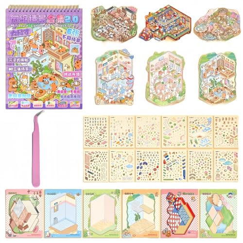 Luzhans 6 Sets Große Größe 3D House Stickers,DIY Home House Scene Sticker Book,Fun DIY Stickers Scene,Relief Stress für Erwachsene und Kinder Miniatur Haus Sticker 3D mit Pinzette von Luzhans