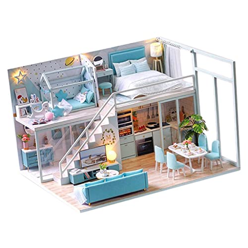 Luzhengyang 1/24 DIY Puppenhaus Miniatur Kit Blau Wohnung LED s Möbel Gebäude Montage Set Geschenke für Kinder und Erwachsene von Luzhengyang