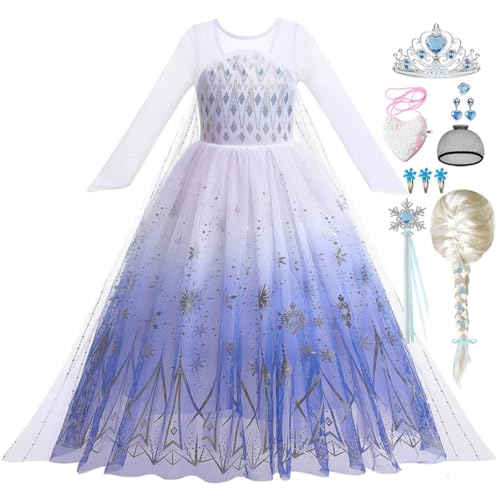 Luzlen Elsa-Prinzessin-Kostüm für Mädchen, weißes Kleid mit Perücke für Geburtstagsfeier, Halloween, Karneval von Luzlen