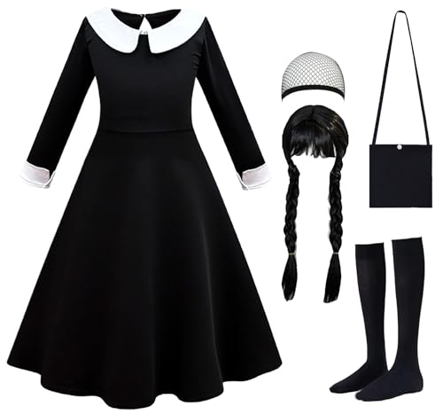 Luzlen Schwarzes Kostüm für Mädchen mit Perücke, Socken, Kinder, Kleinkind, Familienkleid, Halloween, Cosplay, Outfits, Schwarz, 6–7 Jahre (Etikett 140) von Luzlen