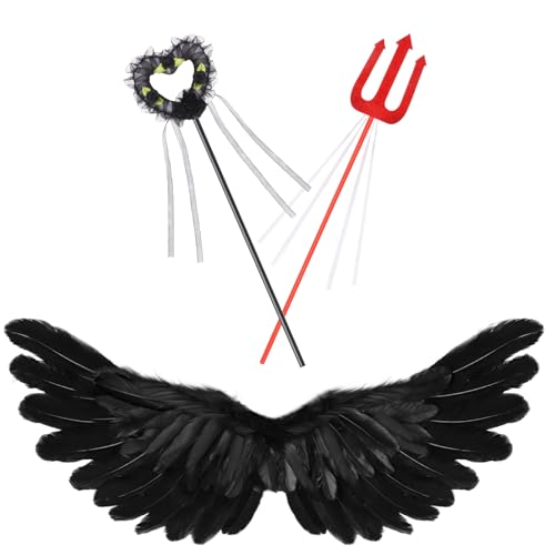 Engelsflügel Schwarz,60*35 cm Engel Kostüm Damen mit 2 Zauberstab,Federflügel Engel Wings Amor Kostüm Damen für Halloween Karneval Cosplay Party von Lvefyti
