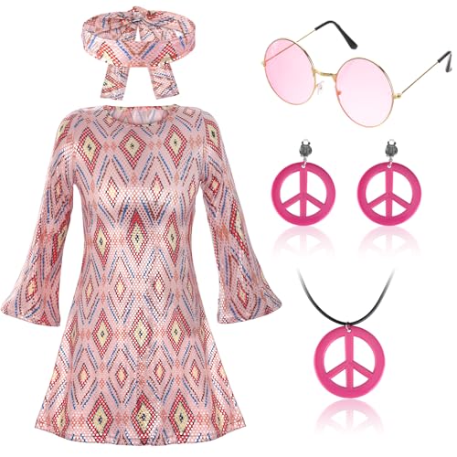 Lvefyti 5 Stück Hippie Kostüm Damen Set, 60er 70er Kostüm für Mädchen Damen Jahre Hippie Damen Kleid Kostüm Damen Vintage mit Halskette Ohrringe Sonnenbrille Passend Disco für Karneval Cosplay(L) von Lvefyti