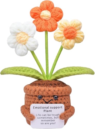 Lvguang Handgehäkelter Blumentopf mit Mini-Strickblumen - Motivierende Bürodeko mit Ermutigungskarte, Positive Geschenke für Arbeitskollegen von Lvguang