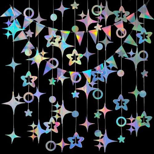 Lvjkes 3 Stück Set Papier Girlande Holographisch Phantomfarbe, Vierzackige und Pentagramm Sterngirlande, Dreieck Flags hängende Girlande für Party deko, Hochzeit, Geburtstagsgirlande von Lvjkes