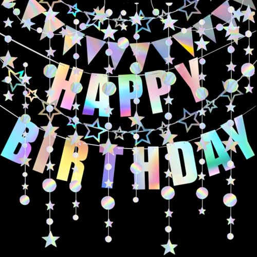 Lvjkes 4 Stück Set Papier Girlande Holographisch Phantomfarbe, Kreise+ Pentagramm in Skelett Girlande, Happy Birthday Girlande, Dreieck Flags hängende, für Party deko, Hochzeit, Geburtstags von Lvjkes