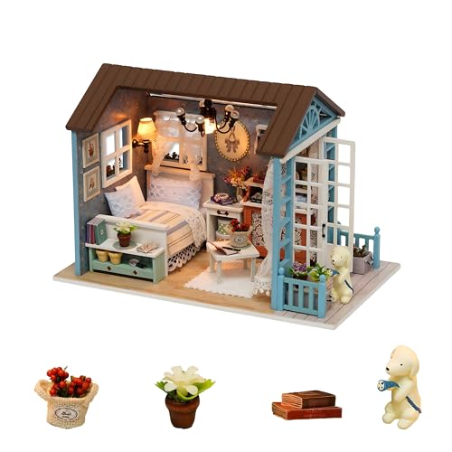 Lycidae DIY Puppenhaus Miniatur, 3D Holzhandwerk Holzpuzzle mit LED-Lichtern, Staubschutz, 3D-Handhandwerk für Erwachsene/Teenager, perfekt für Geschenke oder Dekorationen (blau) von Lycidae