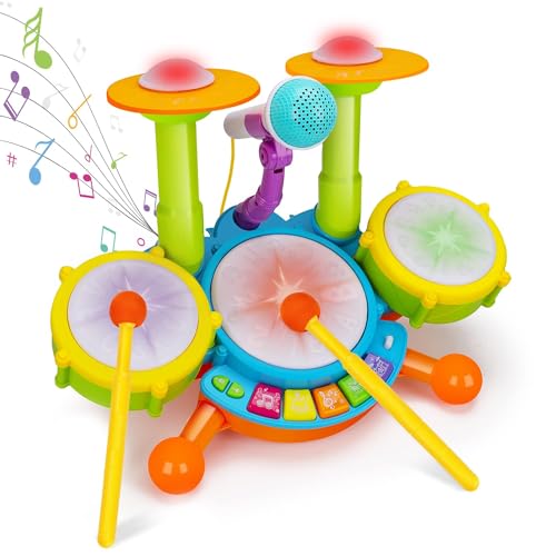 5 in 1 Trommel Schlagzeug Kinder, Musikinstrumente für Kinder mit 2 Trommelstöcken Mikrofone Klaviertastatur, Baby Montessori Musikspielzeug für Kinder ab 1 2 3 Jahr, Geschenk für Jungen Mädchen von Lypsochaat