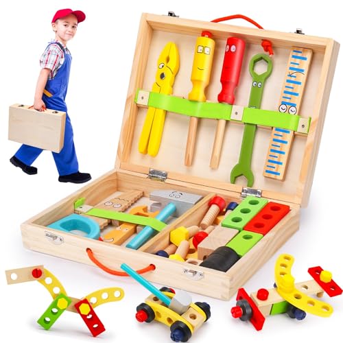 Werkzeugkoffer Werkbank Kinder Holzspielzeug Montessori Spielzeug 3+ Jahre, Werkzeugkasten Kinderwerkzeug Lernspielzeug Geschenk für Kinder Spielzeug ab 3 4 5 Jahre von Lypsochaat