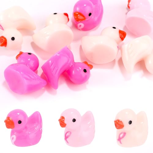 100stk Mini-Enten, Miniatur-Enten aus Kunstharz mit Schleifenmuster zur Brustkrebsvorsorge Winzige Kleine Schwimmende Badespielzeuge Geeignet für Dekoration Veranstaltungen Brustkrebsvorsorge von Lyreh
