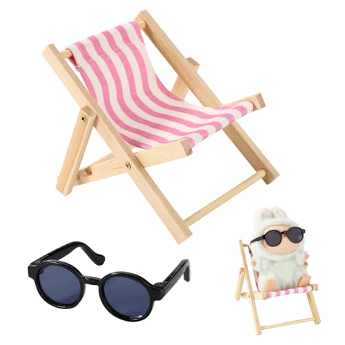 17cm Puppenzubehör Set, Holz Mini Strandstuhl Kunststoff Miniatur Sonnenbrille für Puppendekorationen Puppenhaus von Lyreh