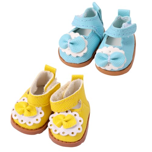 2 Paar Mini Puppenschuhe, Süße Spielzeugschuhe aus Leder mit Schleifen Modisches Zartes Spielzeug Outfit Zubehör für 17 cm Große Puppen (Blau, Gelb) von Lyreh