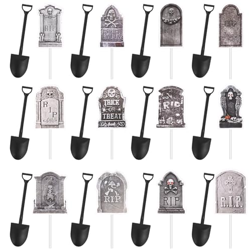 24 Stück Halloween Cupcake Topper mit 24 Schaufellöffeln, Gruselige Friedhofs Grabstein Cupcake Dekoration für Halloween Partys Geburtstage Dessert Dekoration von Lyreh
