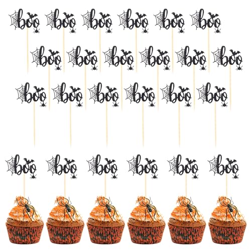 24stk Boo Cupcake Topper, Halloween Spinnennetz Boo Cupcake Picks Lustige Halloween Geburtstagstorten Dekorationen Geeignet für Babyparty Partyzubehör von Lyreh