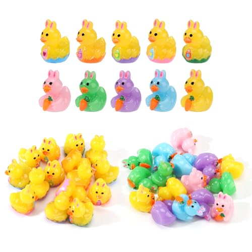50stk Oster Enten aus Harz, 5 Farben Miniatur Enten mit Hasenohren und Karotte Hasen Ente im Ei als Dekoration und als Gastgeschenk für die Osterparty(Blau, Rosa, Grün, Lila, Orange) von Lyreh