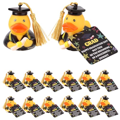 Lyreh 12stk Abschluss-Gummiente 2025 mit Karten, Mini-Abschluss-Enten mit Mütze & Diplom als Party-Giveaways Badespielzeug Auto-Armaturenbrett-Deko Kuchen-Topper Abschluss-Geschenke (Gold) von Lyreh