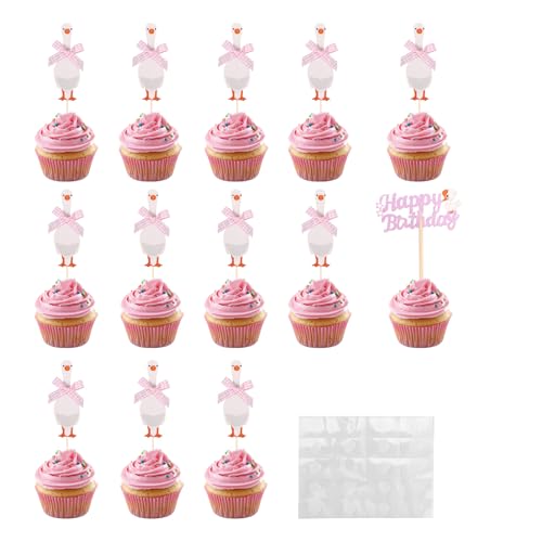 Lyreh 12stk Schleifen und 1stk Happy Birthday Gans Cupcake Topper, Lustige Alberne Gans Cupcake-Kuchendekorationen Perfekte Partygeschenke Dekoration für Geburtstags- und Themenpartys von Lyreh