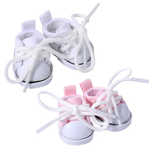 Lyreh 2 Paar Mini-Puppenschuhe, Süße Schnürschuhe aus Canvas für 17cm/15cm Große Plüschpuppen Griffbrettschuhe Spielzeug-Outfit-Accessoires (Rosa, Weiß) von Lyreh