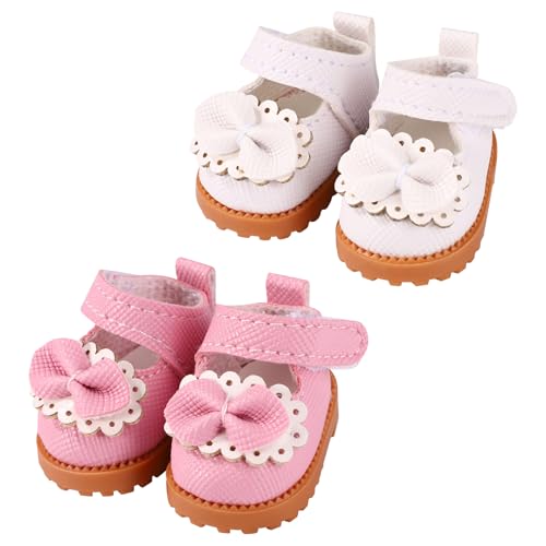 Lyreh 2 Paar Mini-Puppenschuhe für 17 cm Große Puppen, Kawaii Mode Lederschuhe Süßes Spielzeug Outfit Zubehör (Pink, Weiß) von Lyreh