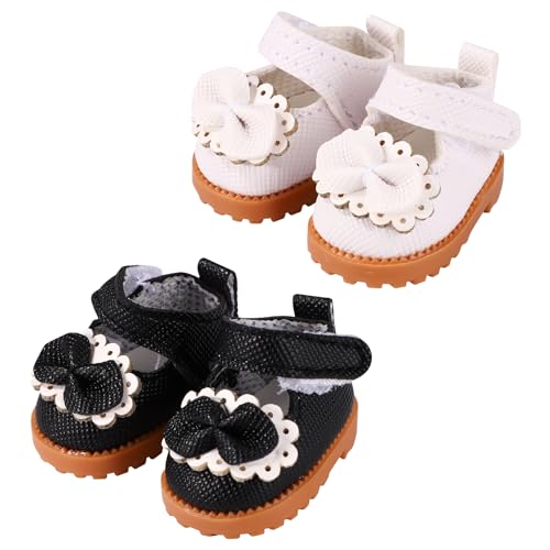 Lyreh 2 Paar Mini-Puppenschuhe für 17 cm Große Puppen, Kawaii Mode Puppenschuhe aus Leder und Plüsch Süßes Spielzeug Outfit Zubehör (Schwarz, Weiß) von Lyreh