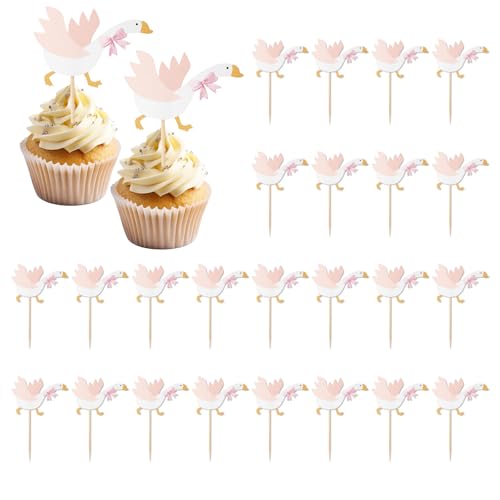Lyreh 24stk Gänse-Cupcake-Topper, Papier Lustige One-Bow Silly Goose Cupcake Dekorationszubehör für Tier-Mottoparty Geburtstagskuchenzubehör Dessert-Dekor von Lyreh