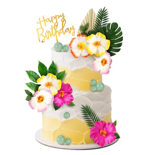 Lyreh 25stk Hawaiianische Tortendeko, Tortendeko Hawaii mit Blumen Blättern Kugeln und Papierfächern für Cupcake Deko Sommer für Geburtstags Hochzeits und Outdoor-Mottopartys von Lyreh