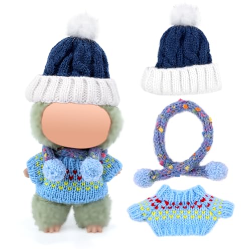 Lyreh 3stk 17cm Puppen Kleidungsset, Winterblau Sternenklar Gestricktes Puppenoutfit Umfasst Mütze Schal Pullover Süße Accessoires zur Dekoration von 17cm Spielzeugfiguren (Blau) von Lyreh