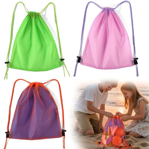 Lyreh 3stk Strandspielzeugtasche, Muscheltasche aus Netzstoff mit Kordelzug Rucksack zum Sammeln von Sandspielzeug und Muscheln Strandurlaubsutensilien Outdoor für Kindern (Pink, Grün, Orange) von Lyreh