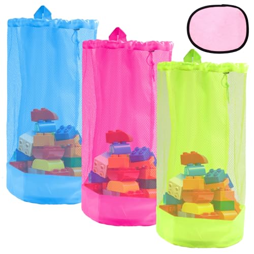 Lyreh 4stk Netz-Strandtasche mit Kordelzug-Set, Inklusive 3 Strandspielzeug Tasche und 1 Sandentferner für Ausflüge ans Meer(Pink, Blau, Fluoreszierendes Grün) von Lyreh