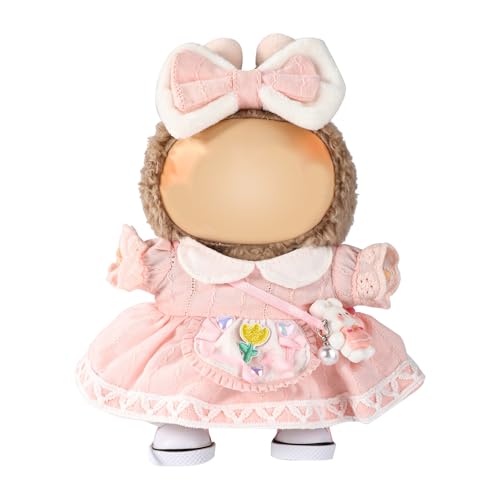Lyreh 4stk Niedliches Puppen-Outfit, Rosa Plüschpuppen-Kleidungsset für 15-17cm Kleid Schleifen-Haarschmuck Leinenschuhe & Hasen-Tasche von Lyreh