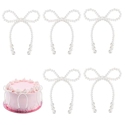 Lyreh 5 Stück Perlenschleifen Kuchendekoration, Elegante Weiße Kunstperlen Schleifen Kuchenaufsätze Coquette Party Dekor für Hochzeit Brautparty Geburtstagsdekoration von Lyreh