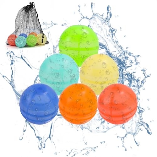 Lyreh 6stk Wiederverwendbare Wasserbälle, 6 Farben Nachfüllbare Silikon-Wasserbombenballons mit Netz-Aufbewahrungstasche perfektes Sommerspielzeug Freien für Partys Pool- und Strandaktivitäten von Lyreh