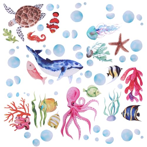 Lyreh Badewannenaufkleber mit Meerestieren, 15 x 20 cm Bunt Wasserdicht Groß rutschfest Koralle Oktopus Seestern Wal Schildkröte Selbstklebende Aufkleber Fäden für Kinderbadewanne Duschboden von Lyreh