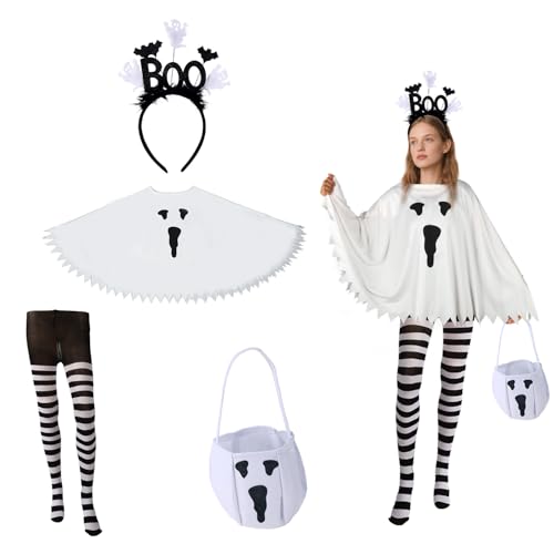 Lyreh Halloween Kostüm Set, Gruseliges Kostüm Cosplay Geisterponcho Geisterstirnband Süßigkeitentüte Gestreifte Strumpfhose Halloween Partyzubehör für Frauen Erwachsene Lyreh Halloween Kostüm Set, Gruseliges Kostüm Cosplay Geisterponcho Geisterstirnband Süßigkeitentüte Gestreifte Strumpfhose Halloween Partyzubehör für Frauen Erwachsene von Lyreh