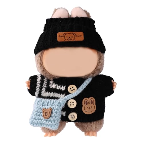 Lyreh Kleidung für 17 cm Große Puppen, Süßes Schwarzes Hut-Pullover Set Blaue Kleine Tasche Plüschspielzeug Dekorationszubehör (Puppe Ist Nicht im Lieferumfang Enthalten) von Lyreh