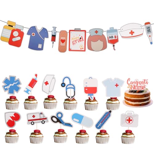 Lyreh Krankenschwester Deko Party, Cupcake-Topper Happy Nurse Week Kuchendekorationen für den Abschluss der Krankenpflegeschule Geburtstagsfeiern mit Dankeschön-Kuchenspieße von Lyreh