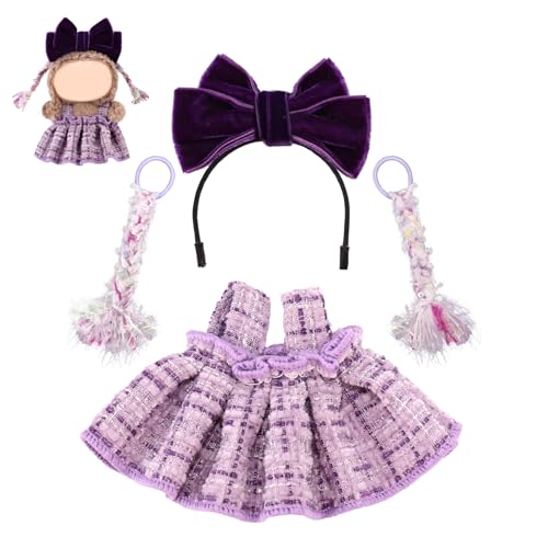 Lyreh Lila Puppenkleidung für 17 cm Große Puppen, Süßes Weiches Outfit-Set mit 1 Haarband Schleife 1 Kleid und 2 Zöpfen Passend für Plüschpuppen von Lyreh