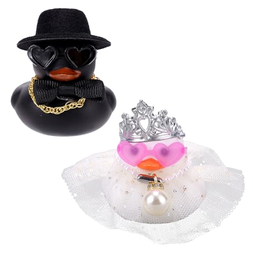 Lyreh Paarset mit 2 Hochzeits-Gummienten, Braut Bräutigam Enten Mini-Paar Entchen für Trauung Geschenk Segenswünsche (Schwarz & Weiß) von Lyreh