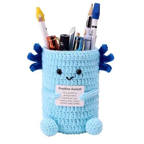 Lyreh Positiv Gestrickter Axolotl-Stiftehalter, Blauer Axolotl-Häkelstifthalter mit Inspirierender Karte Gestrickte Tierpuppe zum Halten von Stiften Bleistiften Geschenk zum Schulanfang von Lyreh
