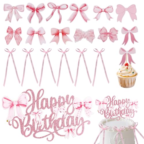 Lyreh Rosa Tortendeko Schleife, Rosa Schleife und Papierschleife Happy Birthday-Schild Cupcake-Topper-Set Praktisches Kuchenornament-Zubehör für Geburtstags Hochzeitsfeiern Lyreh Rosa Tortendeko Schleife, Rosa Schleife und Papierschleife Happy Birthday-Schild Cupcake-Topper-Set Praktisches Kuchenornament-Zubehör für Geburtstags Hochzeitsfeiern von Lyreh